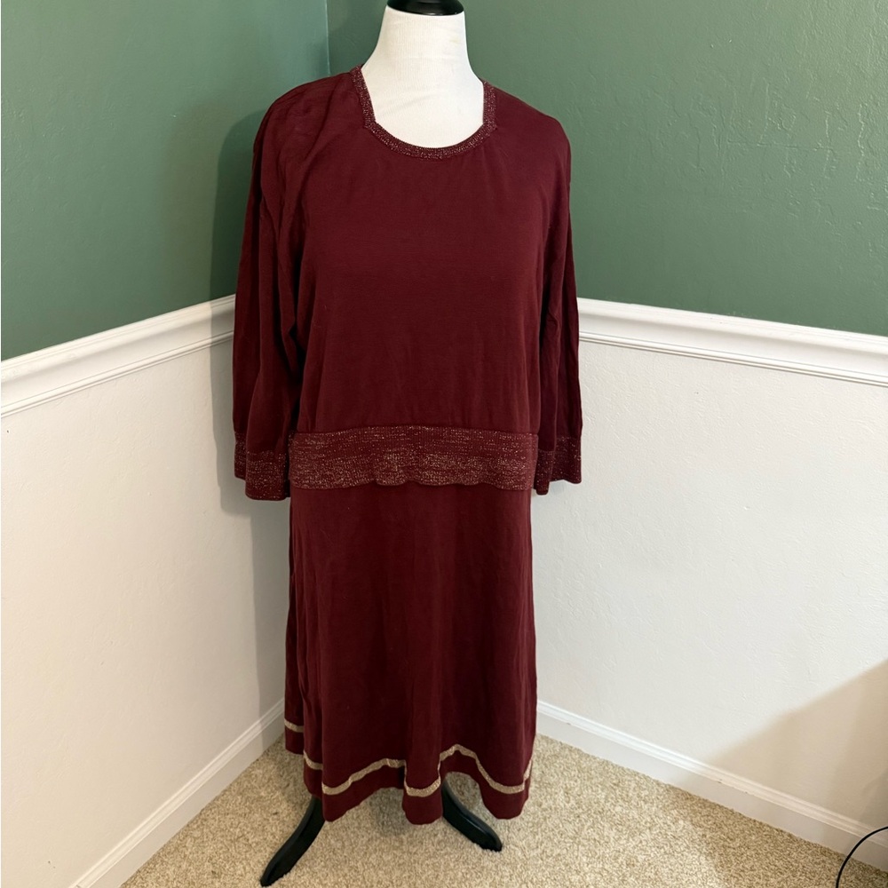 Palava Burgundy Knit Sweater Dress with Metallic Trim – 2XL
